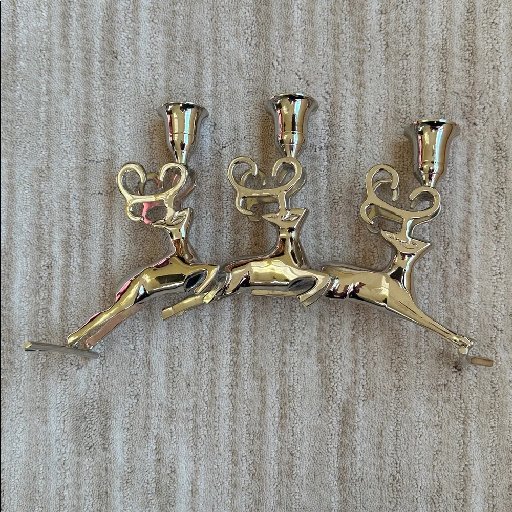 Like New: Christmas Chrome Silver Reindeer Candle Holder Trio Mantle Centerpiece